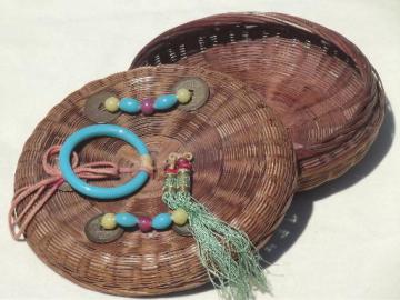 vintage sewing basket w/ Chinese coins, beads, delphite blue glass ring handle