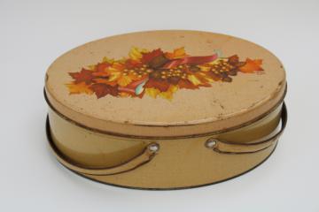 vintage sewing basket or lunch box tin w/ metal handles, fall colors print rustic decor