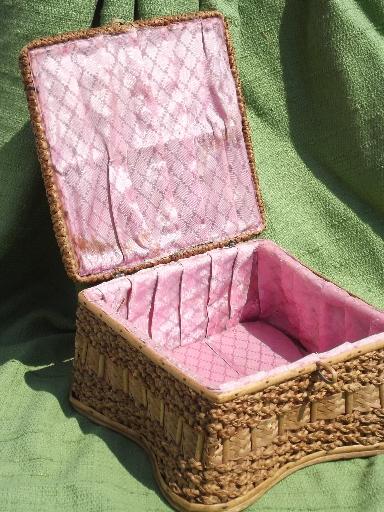 vintage sewing box, rattan and woven sea grass basket, pink cloth lining