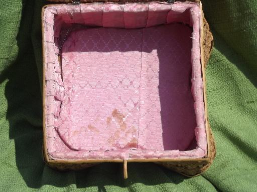 vintage sewing box, rattan and woven sea grass basket, pink cloth lining