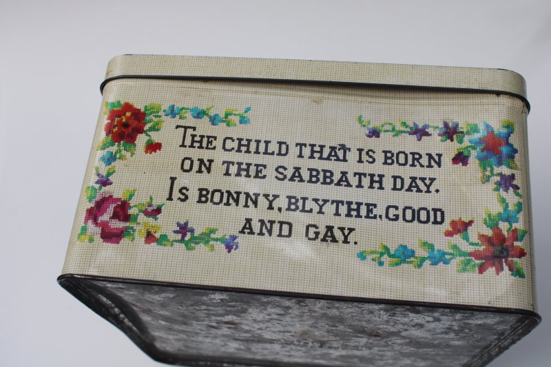 vintage sewing box tin, cross-stitch motto print old sayings Mondays child etc