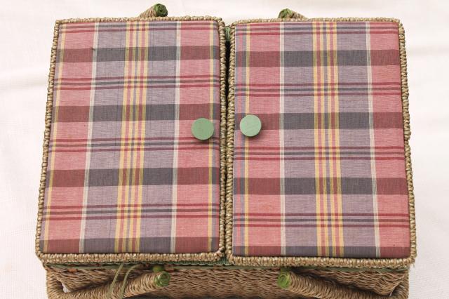 vintage sewing box, wicker woven raffia & madras plaid cotton sewing basket