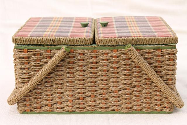 vintage sewing box, wicker woven raffia & madras plaid cotton sewing basket