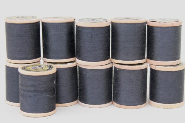 vintage sewing notions, new old stock 12 reels black cotton thread wood spools