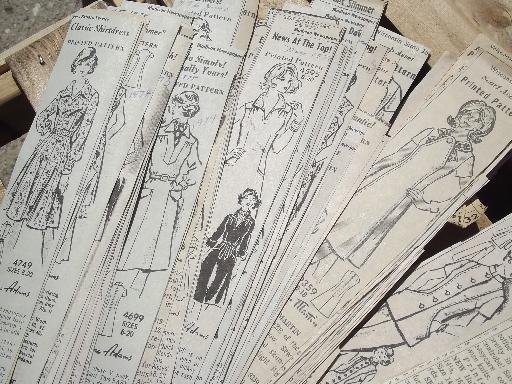 vintage sewing pattern styles, huge lot old newspaper clippings w/ dress patterns