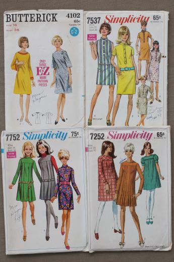 vintage sewing patterns lot, 60s 70s mod dresses & mini skirt dresses, pants