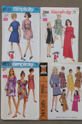 vintage sewing patterns lot, 60s 70s mod dresses & mini skirt dresses, pants
