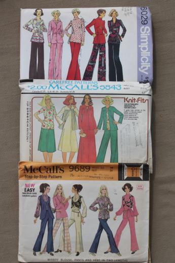 vintage sewing patterns lot, 70s retro fashions in plus sizes, pantsuits & dresses