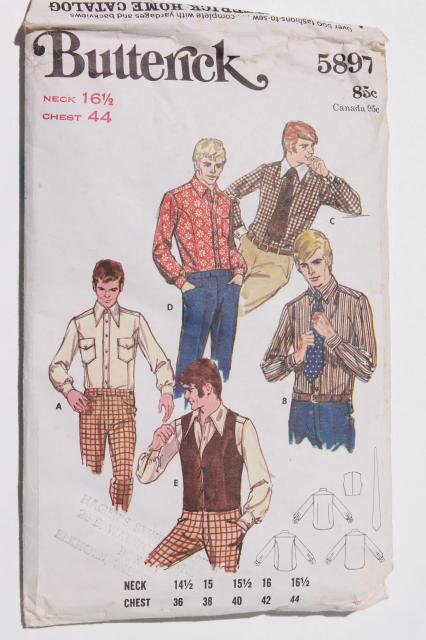 vintage sewing patterns, retro 70s cowboy western style men's shirts & vests