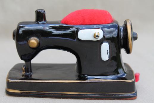 vintage sewing stand w/ pincushion & tape measure, antique sewing machine figural pin cushio