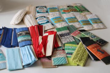 vintage sewing trim lot, carded lace, rick rack, bias tape retro jade  lime green, red, aqua, blue  white