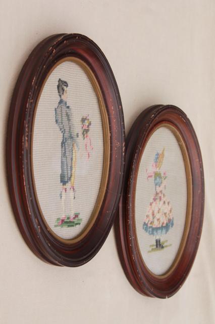 vintage shabby cottage chic framed needlepoint pictures, boy & girl in oval wood frames