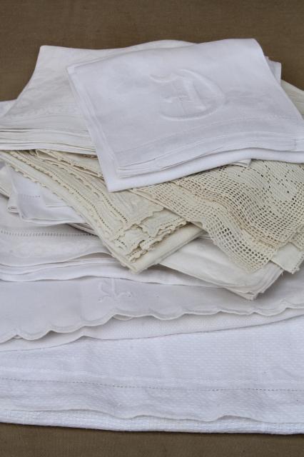 vintage shabby cottage chic linens lot towels, runners, small tablecloths w/ lace & fancywork