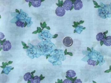 vintage sheer cotton fabric, floral print roses on blue, 60s retro