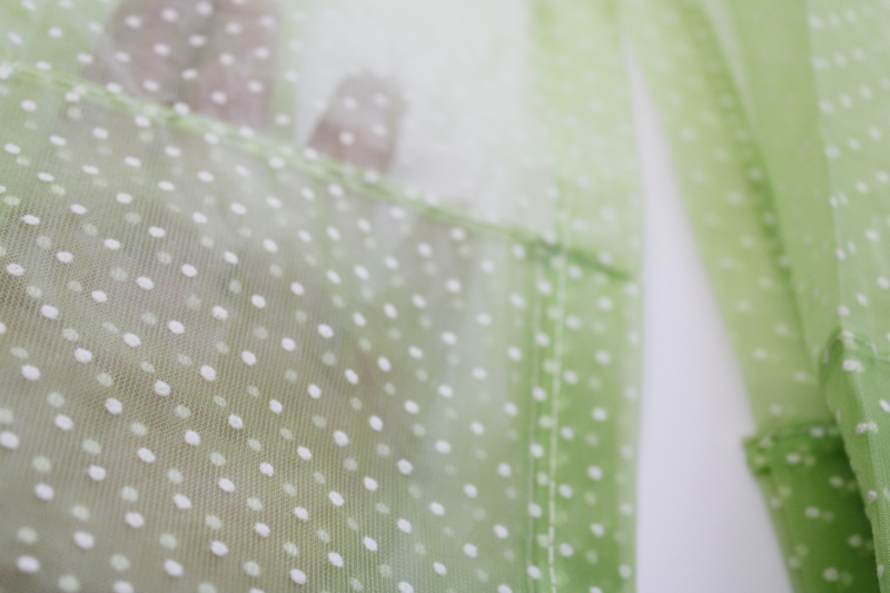 vintage sheer nylon curtains, lime green w/ flocked dots dotted swiss style