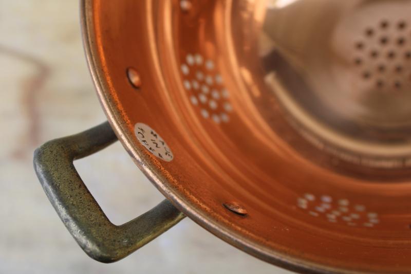 vintage shiny copper colander bowl w/ brass handles & feet, kitchen strainer basket