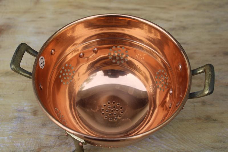 vintage shiny copper colander bowl w/ brass handles & feet, kitchen strainer basket