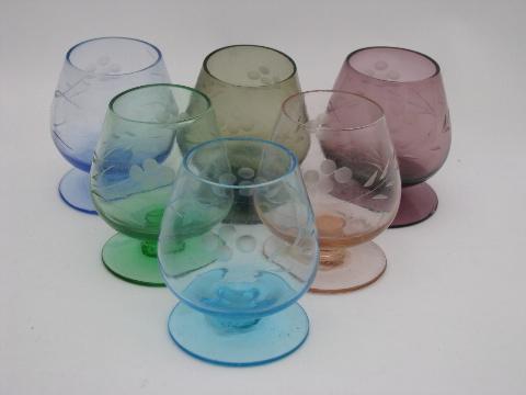 vintage shot glasses set, tiny colored glass brandy snifters, orig labels