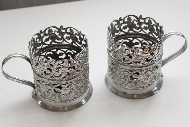 vintage silver chrome candle holders, handled candlesticks lantern pierced filigree