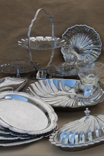 vintage silver chrome tea table serving pieces - sandwich trays, butter dish, tiered plate for cake or scones