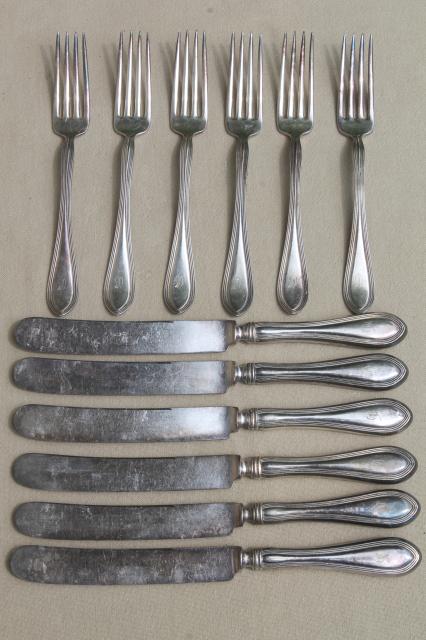 vintage silver forks & knives with letter D script monogram, heavy antique hotel silver plate