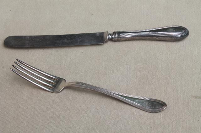 vintage silver forks & knives with letter D script monogram, heavy antique hotel silver plate