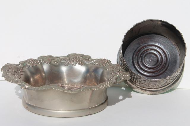 vintage silver pewter wine bottle coasters w/ embossed grapes, for large & small wine bottles