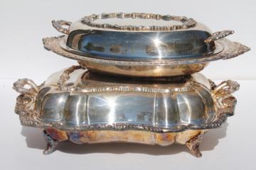 vintage silver plate buffet dishes, covered chafing dish casserole serving bowls w/ covers