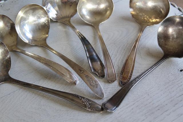 vintage silver plate soup & sauce ladles, mismatched silverware serving pieces lot