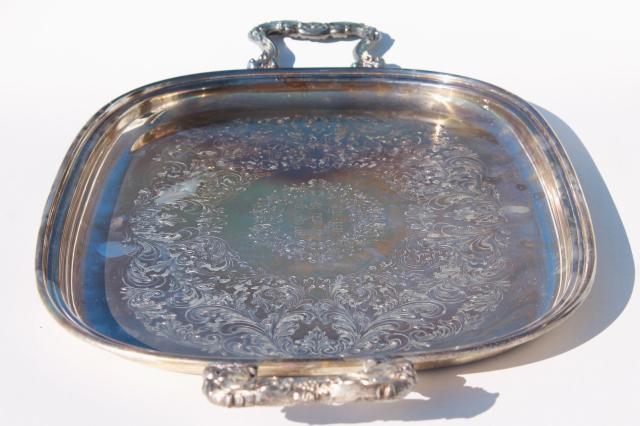vintage silver plate waiter's tray, large serving tray w/ handles engraved trophy gift