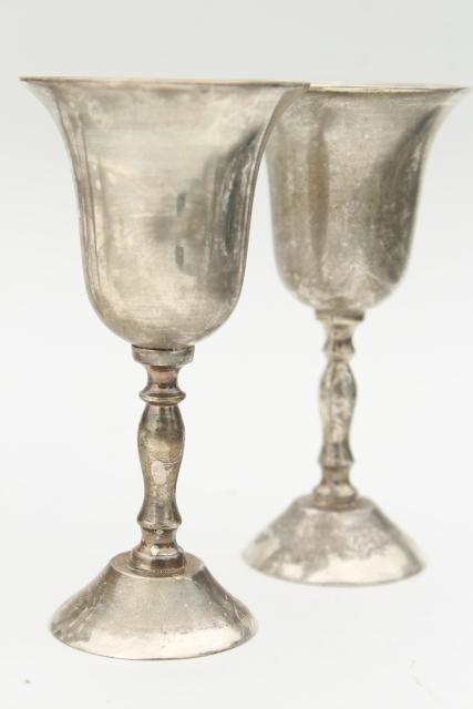 vintage silver plate wine glasses, set of 6 small goblets w/ tarnished patina