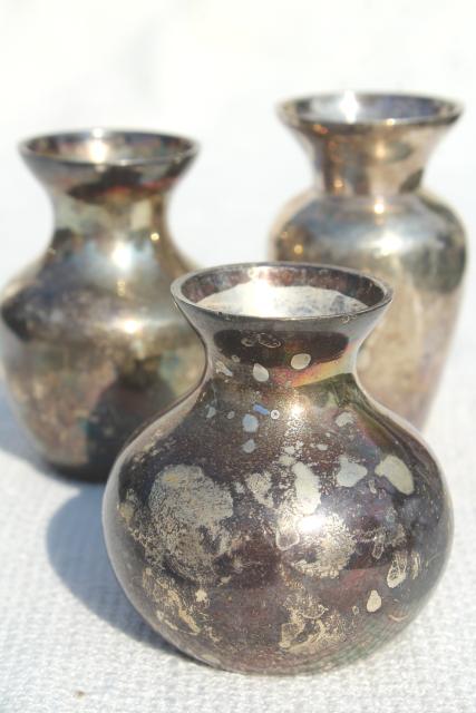 vintage silver plated brass vases, tarnished silverplate paperweight vase collection