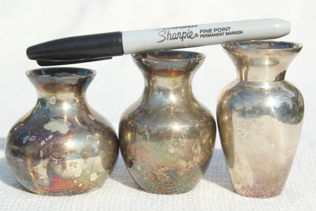 vintage silver plated brass vases, tarnished silverplate paperweight vase collection
