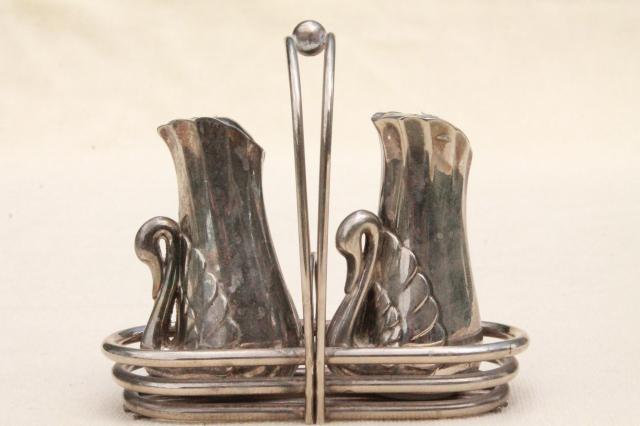 vintage silver swan salt and pepper shakers set, silverplated swans S&P