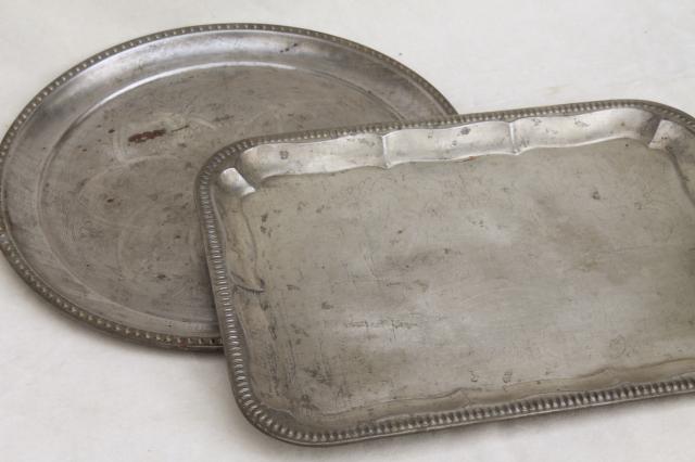vintage silver tin trays, primitive old rusty metal trays w/ lovely weathered patina