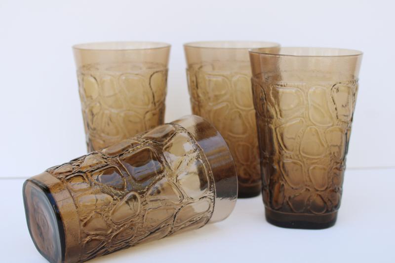 vintage smoke brown glass drinking glasses, alligator texture tumblers Fostoria Karnak