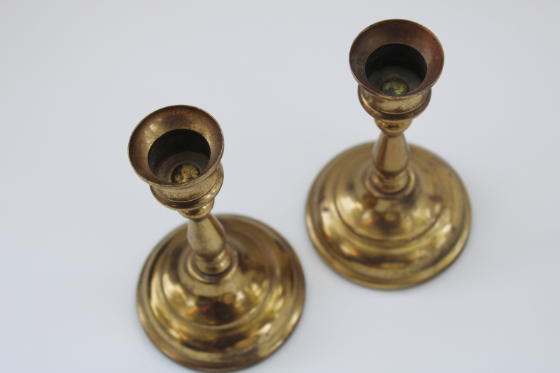 vintage solid brass candlesticks pair, worn weathered tarnished patina candle holders