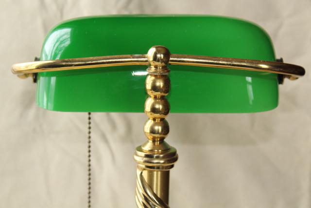 vintage solid brass desk light, banker's lamp w/ emerald green cased glass shade