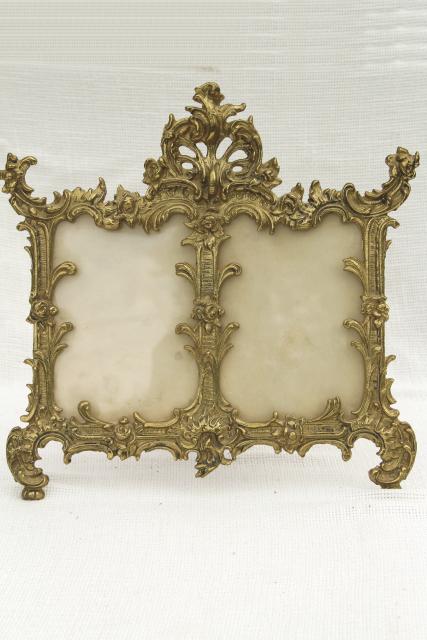 vintage solid brass frame, ornate Victorian picture frame, double photo frame