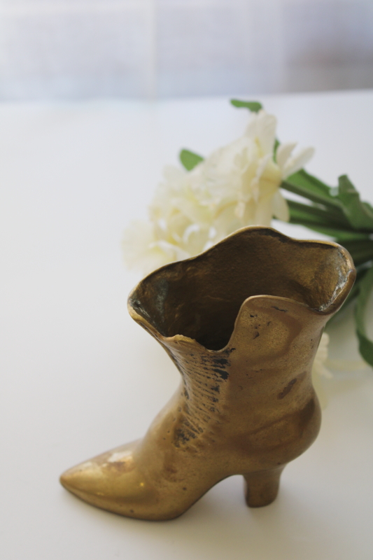 vintage solid brass vase, ladies boot Victorian high button shoe old west style western decor