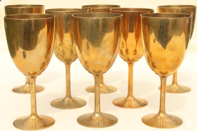 vintage solid brass wine glasses, golden yellow gold brass goblets set of 8