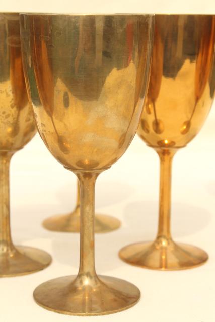 vintage solid brass wine glasses, golden yellow gold brass goblets set of 8