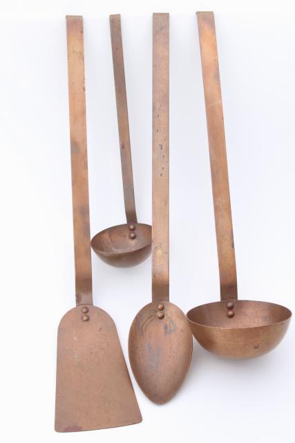 vintage solid copper kitchen utensils, ladle & spoons, french country farmhouse style