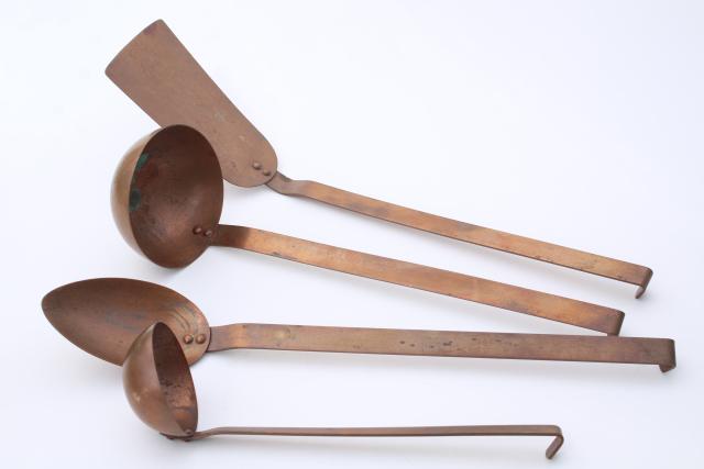 vintage solid copper kitchen utensils, ladle & spoons, french country farmhouse style