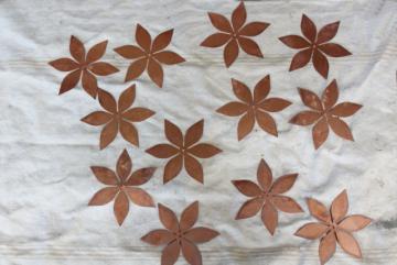vintage solid copper sheet cut out flowers, flat starburst art shapes w/ center hole