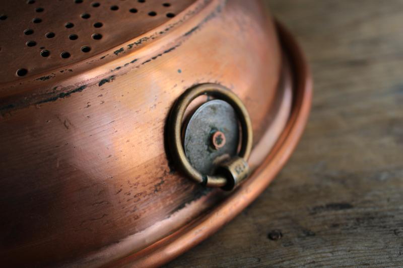 vintage solid copper strainer bowl colander basket, french farmhouse kitchen style