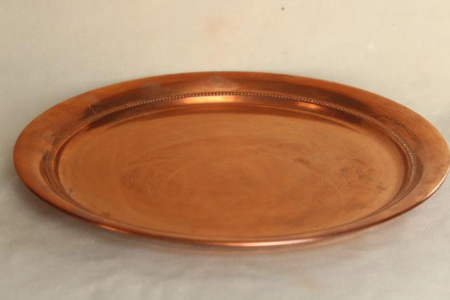 vintage solid copper tray, round serving plate or waiter's tray