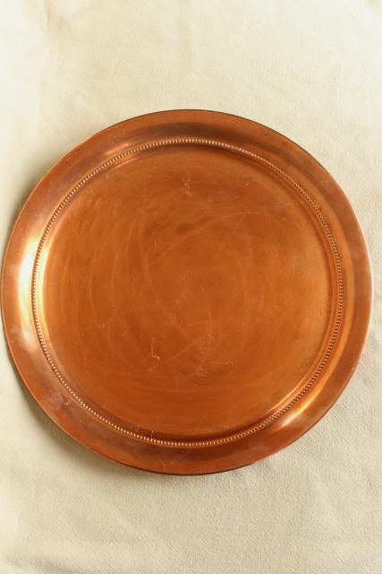 vintage solid copper tray, round serving plate or waiter's tray