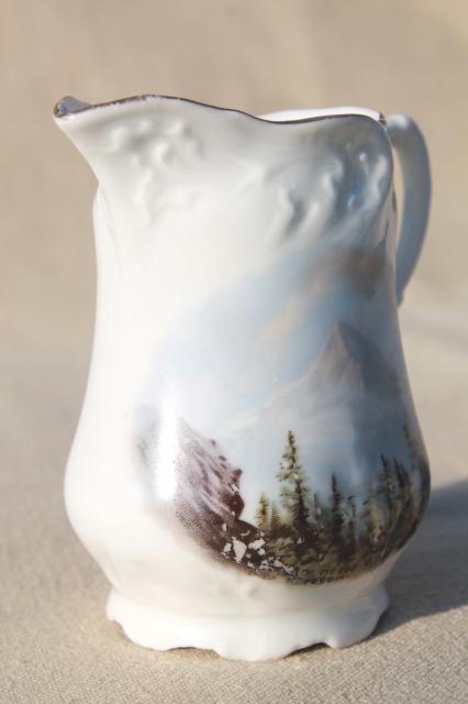 vintage souvenir of Mt Hood Oregon, antique Germany china pitcher w/ landscape picture