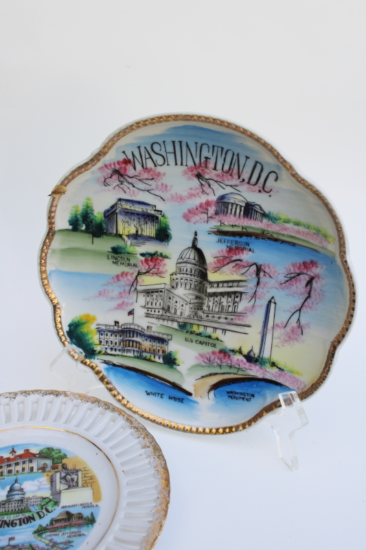 vintage souvenir plates Washington DC landmarks, luster  gold lace edge plates